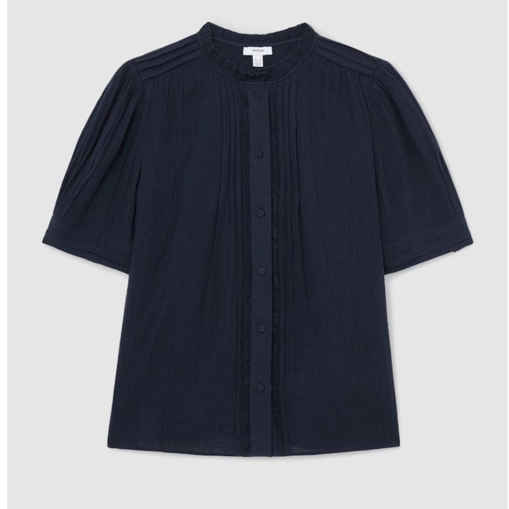 Reiss Aurelia Navy Blue Cotton Pintuck Ruffle Lace Trim Blouse Size US 8 NEW